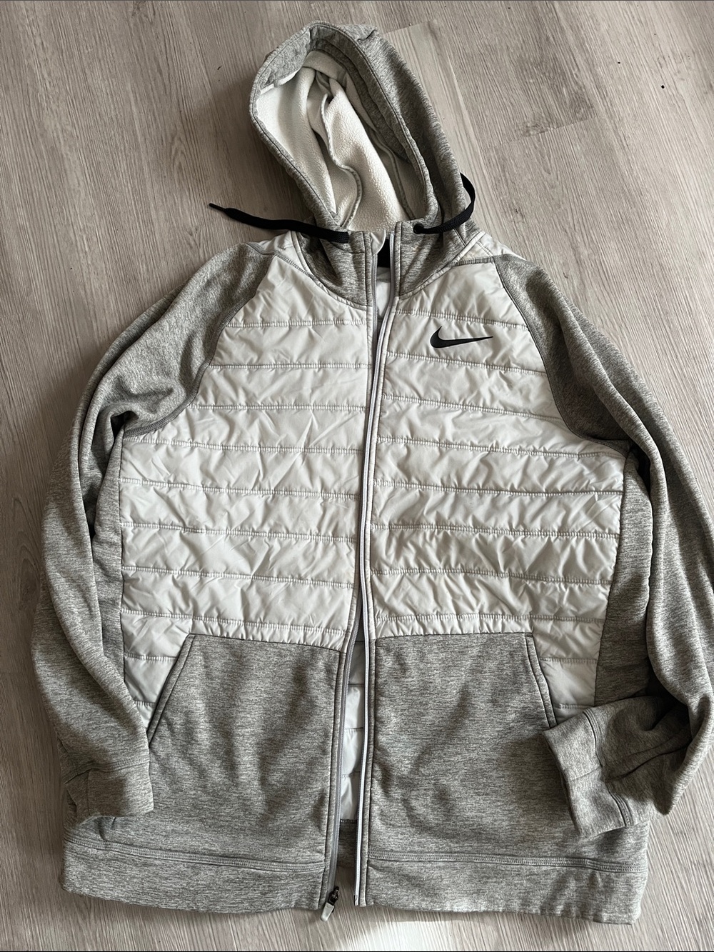 Nike Gray and White Quilted Hoodie Jacket with Black Swoosh